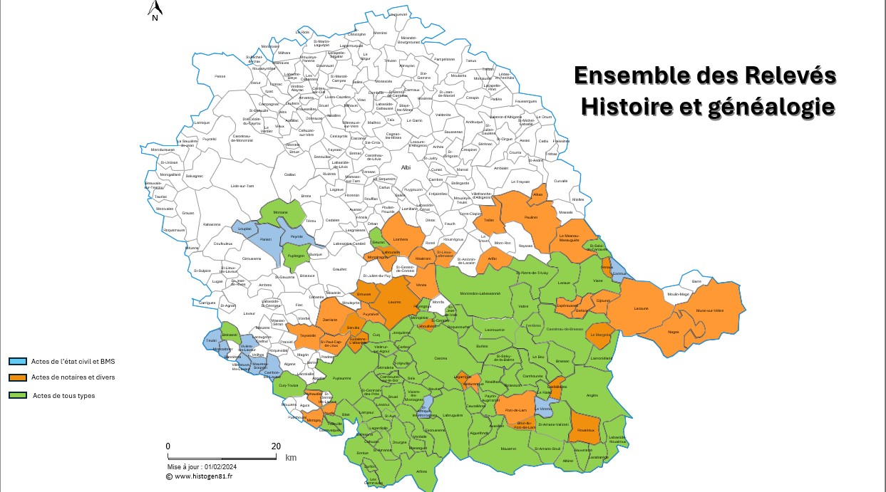 Pico carte du Tarn des communes répertoriées dans la base de connées actes.histogen81